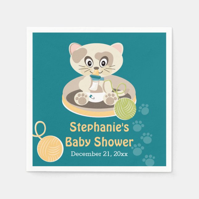 Teal Cat in Diapers Baby Shower Napkin (Front)