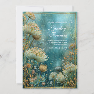 Teal Celestial Gilded Astrantia Wedding Invitation