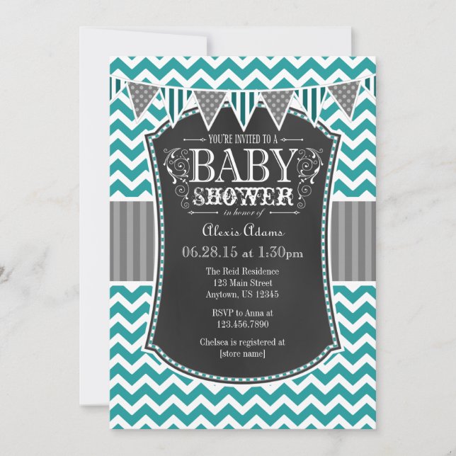 Teal Chalkboard Chevron Baby Shower Invite (Front)