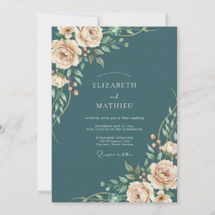 Teal Champagne Botanical Floral Wedding Invitation