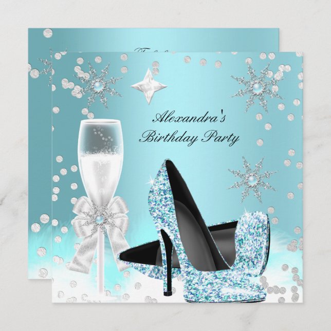 Teal Champagne High Heels Birthday Party Invitation (Front/Back)