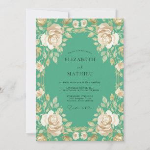 Teal Champagne Leafy Wedding Invitation