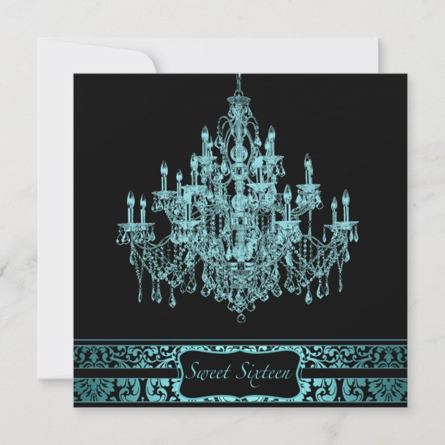 Teal Chandelier Black Sweet Sixteen Invitation (Front)
