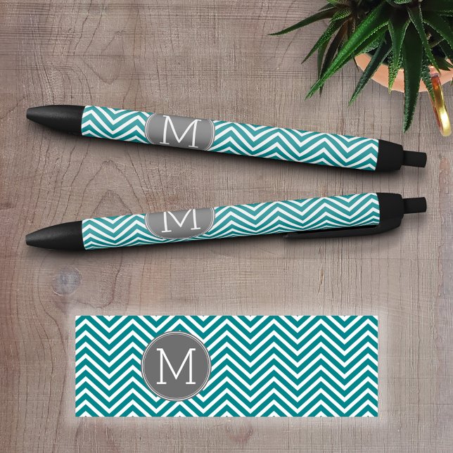 Teal Charcoal Chevrons Custom Monogram Black Ink Pen (Custom Pen - Personalize this writing pen with your name, monogram or other text)