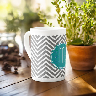 Teal Charcoal Chevrons Custom Monogram Bone China Mug