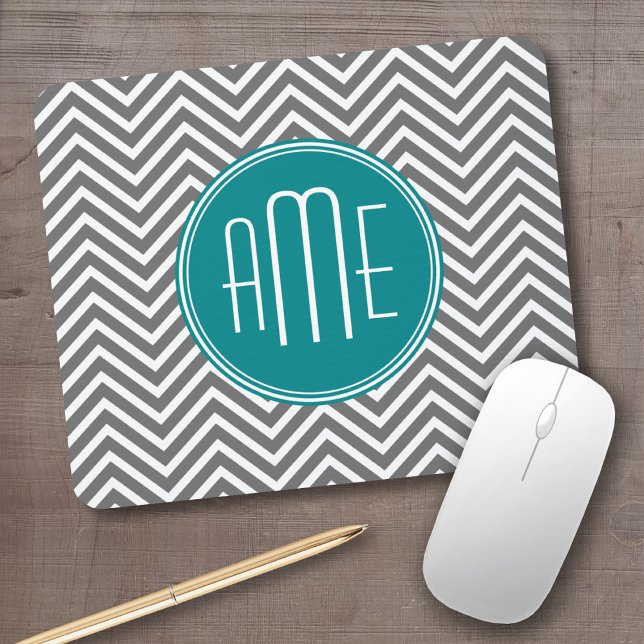 Teal Charcoal Chevrons Custom Monogram Mouse Pad (Personalized mousepad - add your custom text)