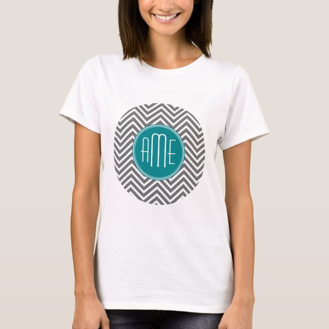 Teal Charcoal Chevrons Custom Monogram T-Shirt (Front)