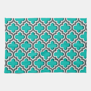 Teal Charcoal Grey White Moroccan Quatrefoil #5DS Tea Towel