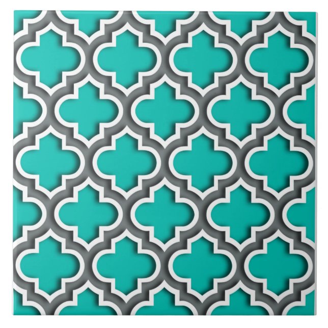 Teal Charcoal Grey White Moroccan Quatrefoil #5DS Tile (Front)