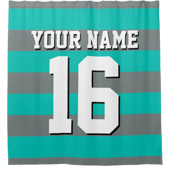Teal Charcoal Sports Jersey Preppy Stripe Shower Curtain (Front)