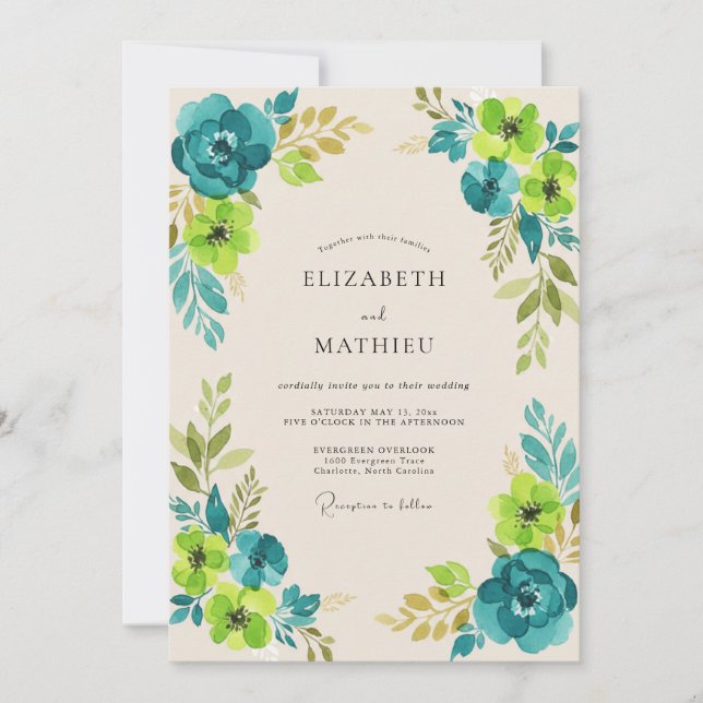 Teal Chartreuse Wildflower Wedding Invitation (Front)