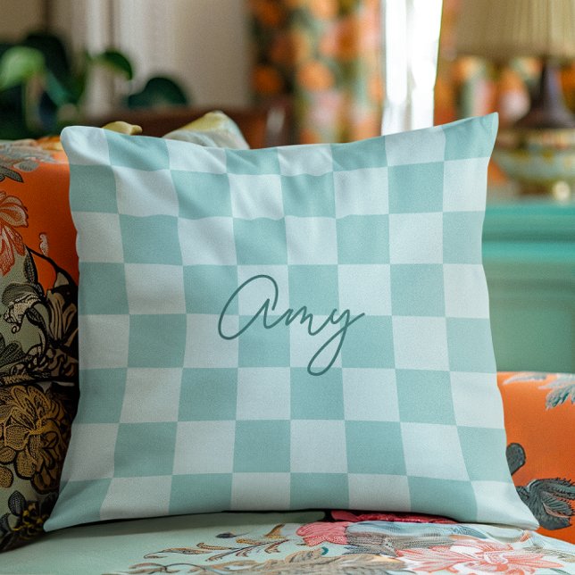Teal Checkers Monoline Name Cushion (Teal Checkers Monoline Name Throw Pillow)