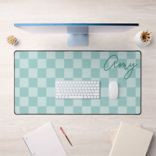 Teal Checkers Monoline Name Desk Mat