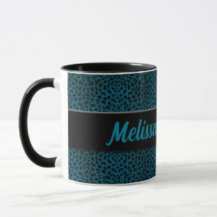 Teal Cheetah Print with Black and Name Mug