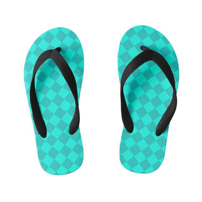 Teal Chequered Diamond Pattern  Kid's Thongs (Footbed)