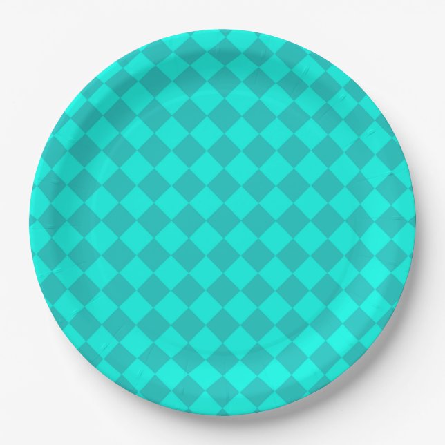 Teal Chequered Diamond Pattern Paper Plate (Front)
