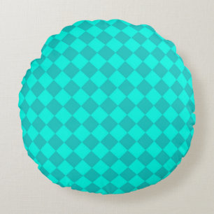 Teal Chequered Diamond Pattern Round Cushion