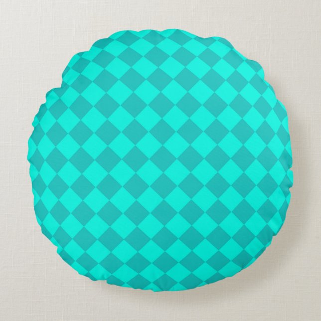 Teal Chequered Diamond Pattern  Round Cushion (Front)