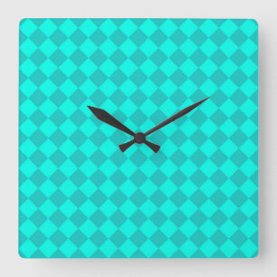 Teal Chequered Diamond Pattern Square Wall Clock