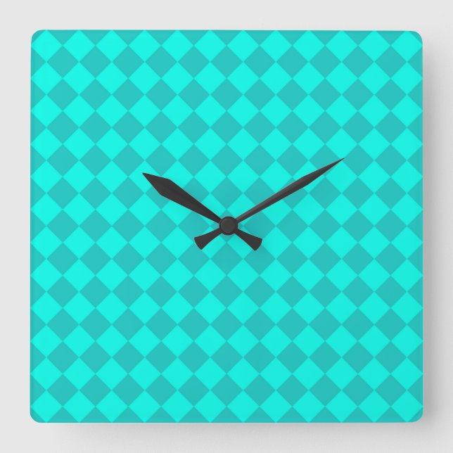 Teal Chequered Diamond Pattern Square Wall Clock (Front)