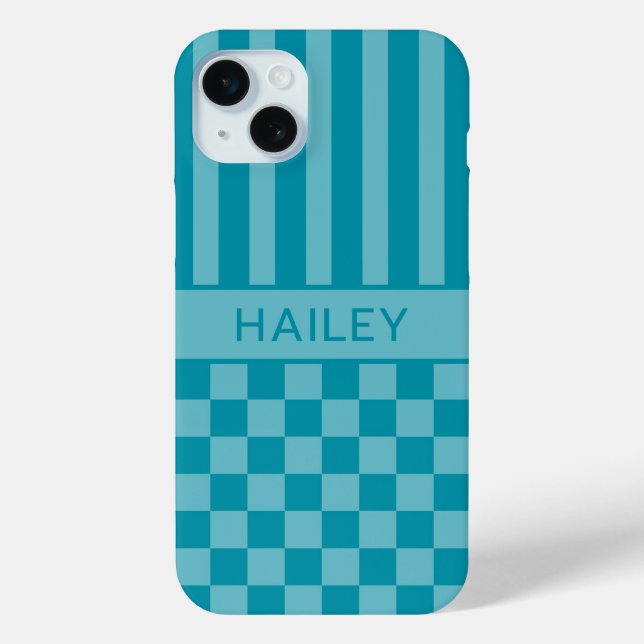 Teal Chequered Striped Personalised Case (Back)