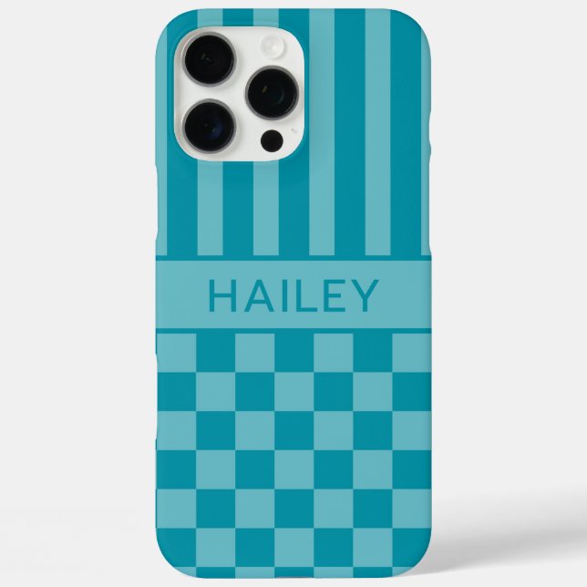 Teal Chequered Striped Personalised Case-Mate iPhone Case (Back)