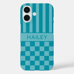Teal Chequered Striped Personalised iPhone 16 Case