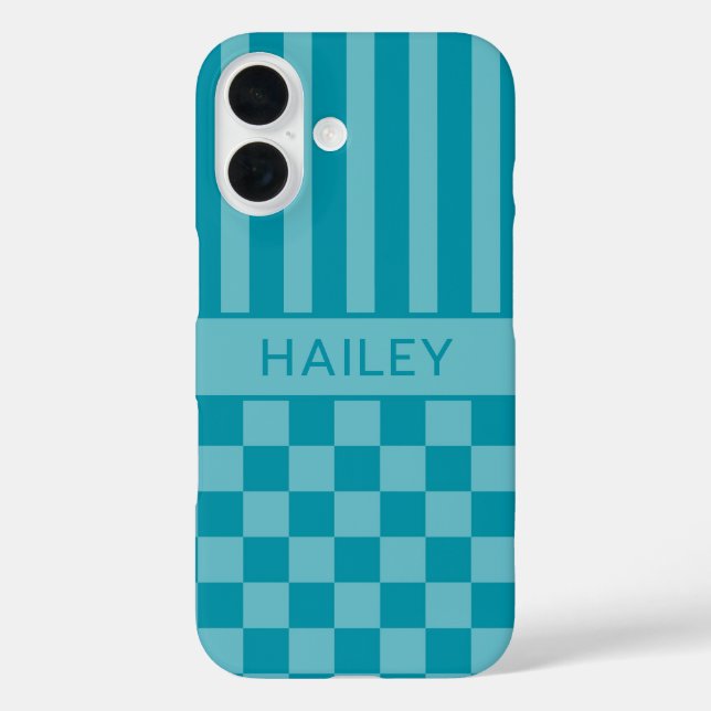 Teal Chequered Striped Personalised Case-Mate iPhone Case (Back)