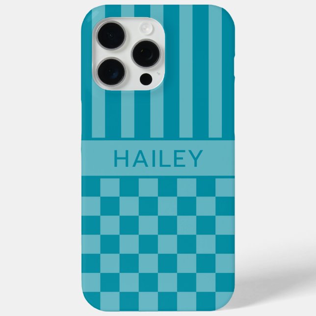 Teal Chequered Striped Personalised Case-Mate iPhone Case (Back)