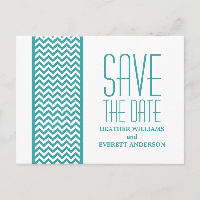 Teal Chevron Border Save the Date Postcard (Front)