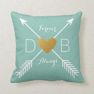 Teal Chevron Gold Heart White Arrows Initials Cushion