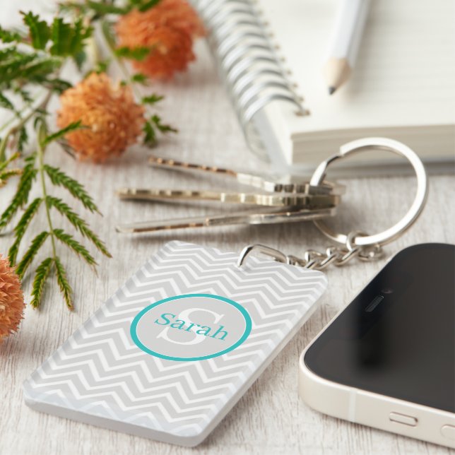Teal Chevron Monogram Acrylic Keychain (Front Right)