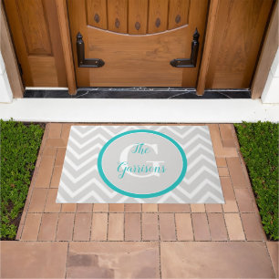 Teal Chevron Monogram Doormat