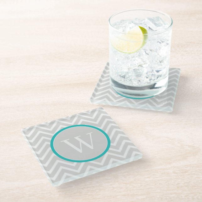 Teal Chevron Monogram Glass Coaster (Angled)