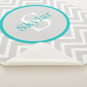 Teal Chevron Monogram Sherpa Blanket