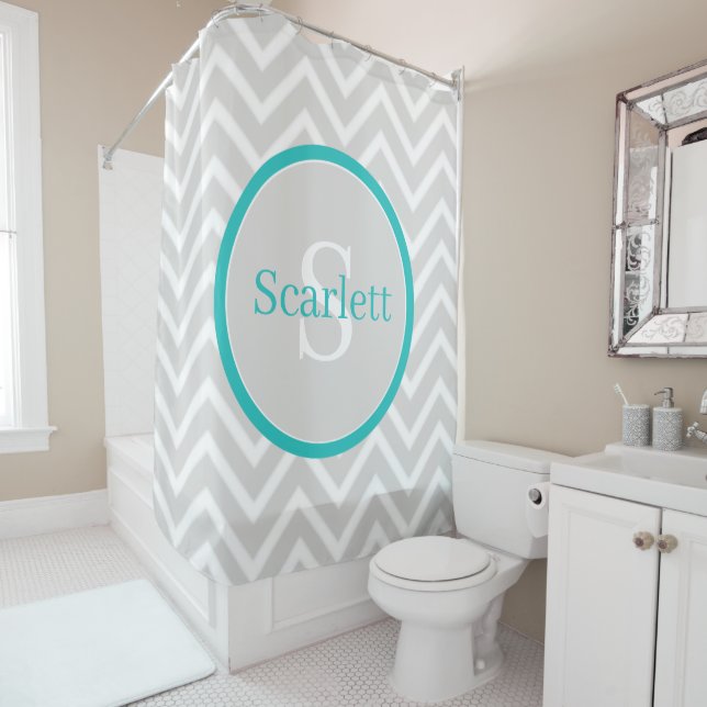Teal Chevron Monogram Shower Curtain (In Situ)