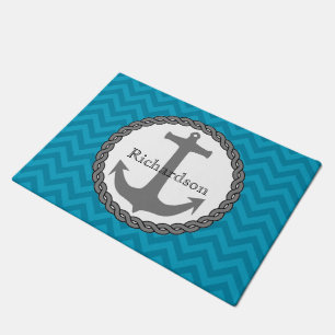 Teal Chevron Nautical Anchor Personalised Doormat