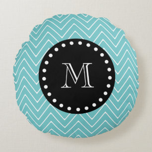 Teal Chevron Pattern   Black Monogram Round Cushion