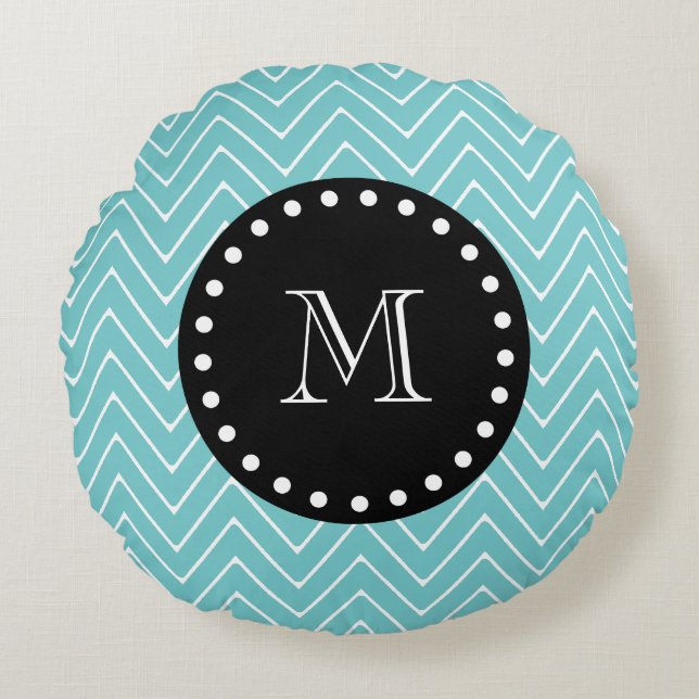 Teal Chevron Pattern | Black Monogram Round Cushion (Front)