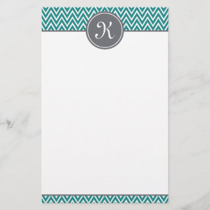 Teal Chevron Pattern Grey Monogram Stationery