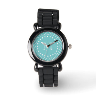 Teal Chevron Pattern Teal Monogram Watch
