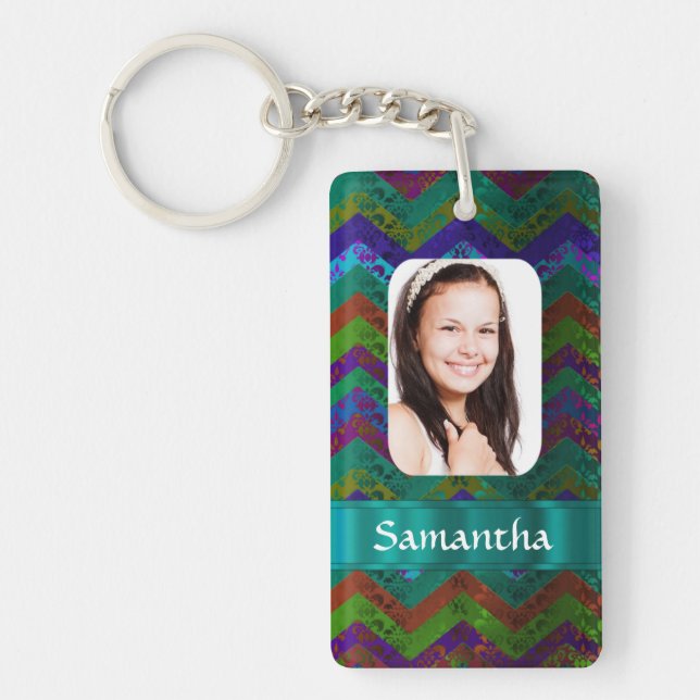 Teal chevron personalised photo template key ring (Front)