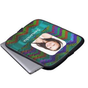 Teal chevron personalised photo template laptop sleeve