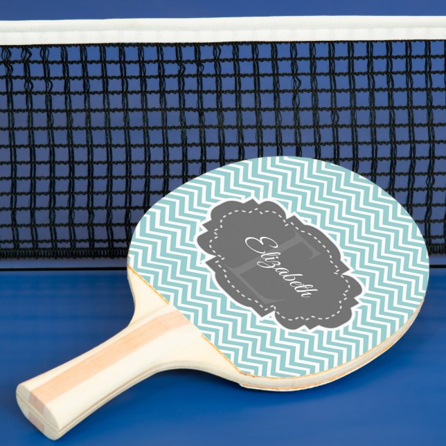Teal Chevron Personalised Ping Pong Paddle (Insitu)