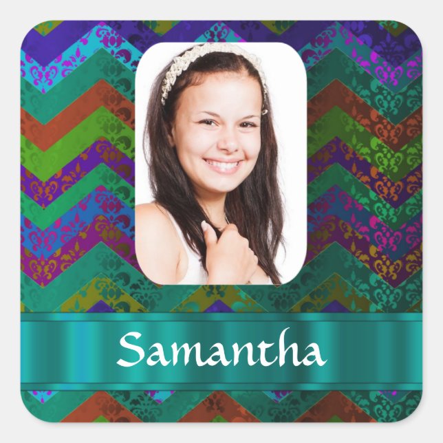 Teal chevron photo template square sticker (Front)