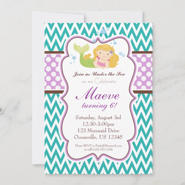 Teal Chevron, Purple Dots Blonde Mermaid Birthday Invitation (Front)
