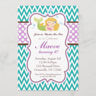 Teal Chevron, Purple Dots Blonde Mermaid Birthday Invitation