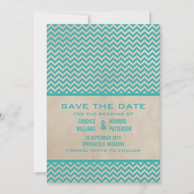 Teal Chic Chevron Save the Date Invite (Front)