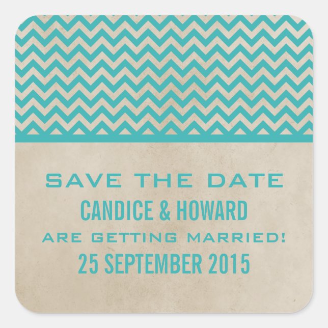 Teal Chic Chevron Save the Date Stickers (Front)