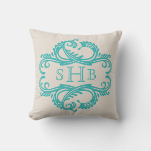 Teal Chic Damask Monogram Pillow